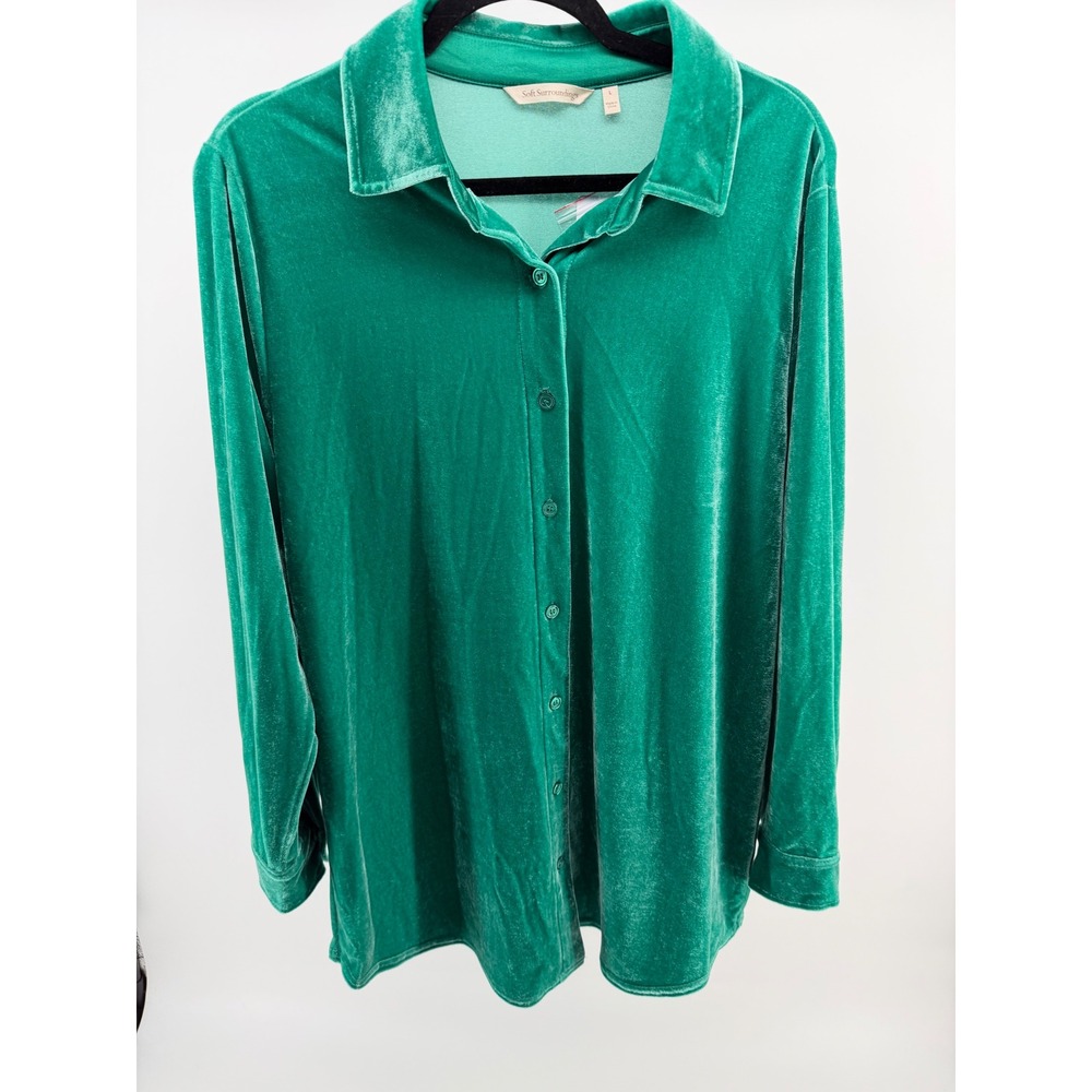 Soft Surroundings Velour Shirt Women's Lg. Green Button Up Top Luxe Stretch NWT